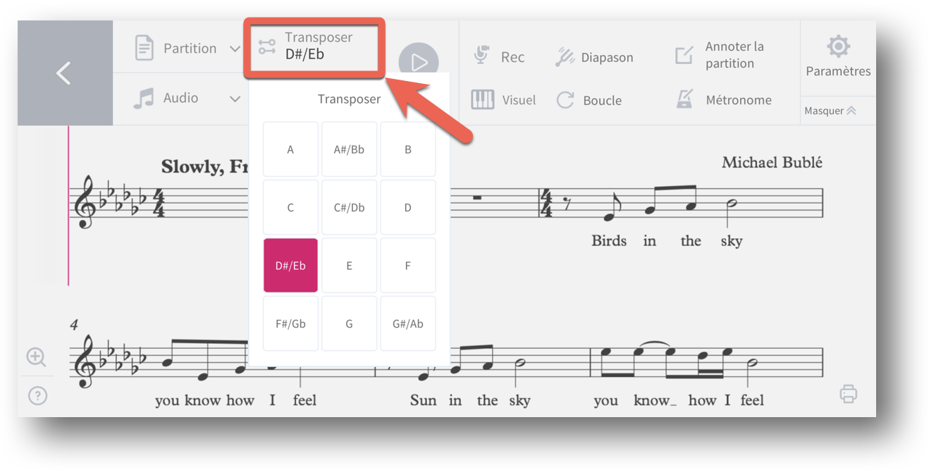 Transposer la partition Tomplay Aide & Support